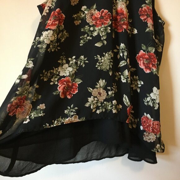 Whimsical Mockneck Tie Back Floral Sleeveless Voluminous Bilayer Blouse - Picture 5 of 16